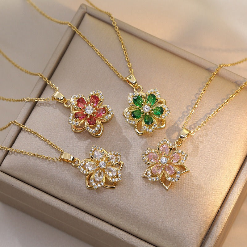Collar con Colgante Giratorio de Flor con Brillantes