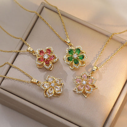 Collar con Colgante Giratorio de Flor con Brillantes