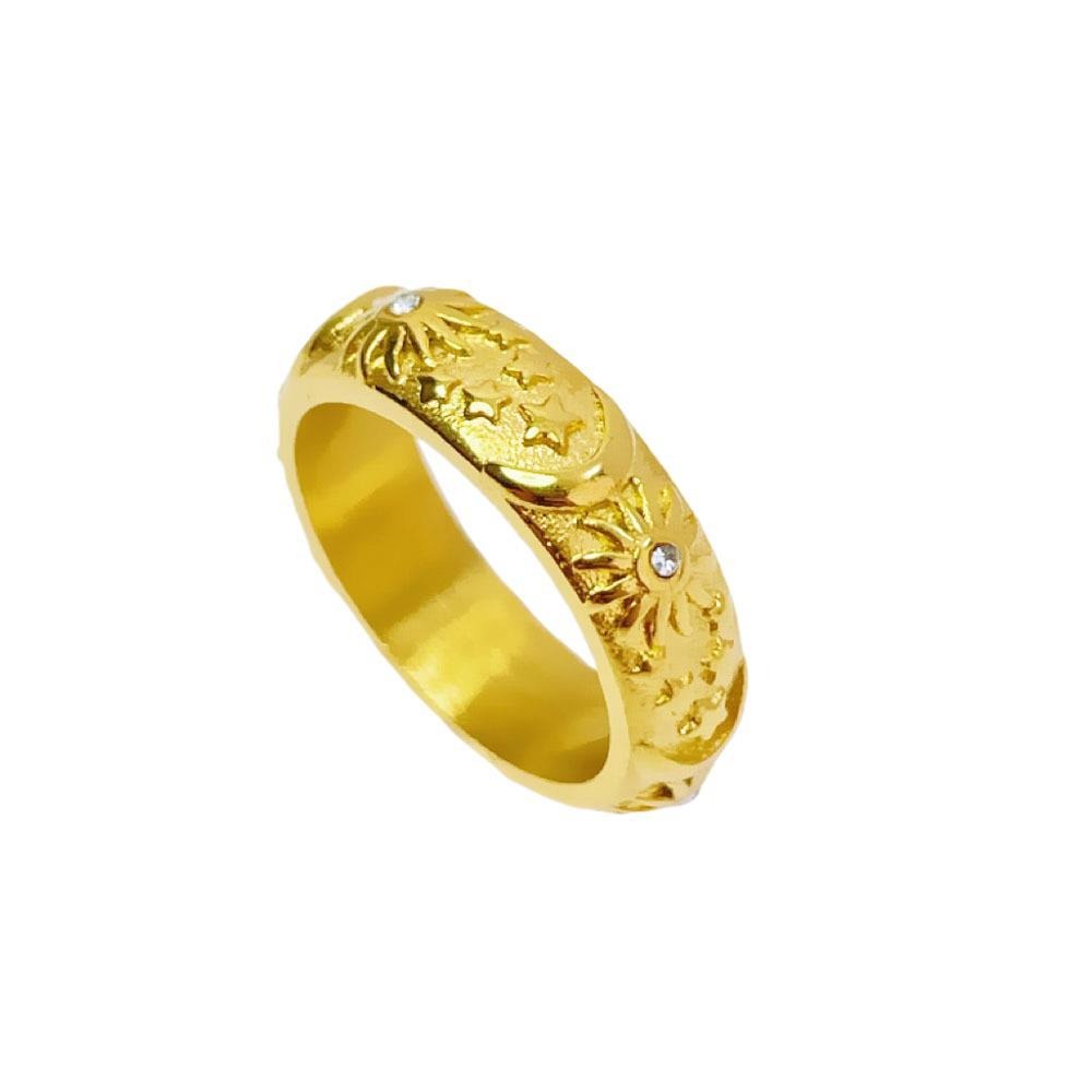 Conjunto de Pulsera Ajustable y Anillo de Acero de Titanio con Relieve de Sol y Luna