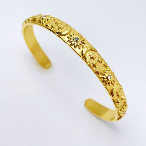Conjunto de Pulsera Ajustable y Anillo de Acero de Titanio con Relieve de Sol y Luna